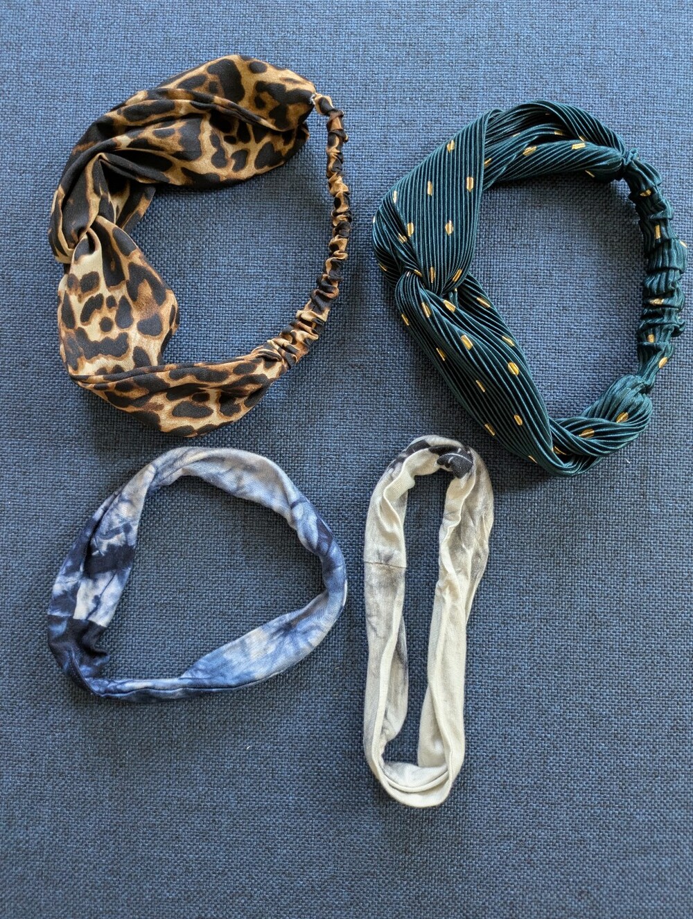 Set of 4 Fashion Headbands – Leopard, Emerald with Gold Dots, Navy Black Tie Dye